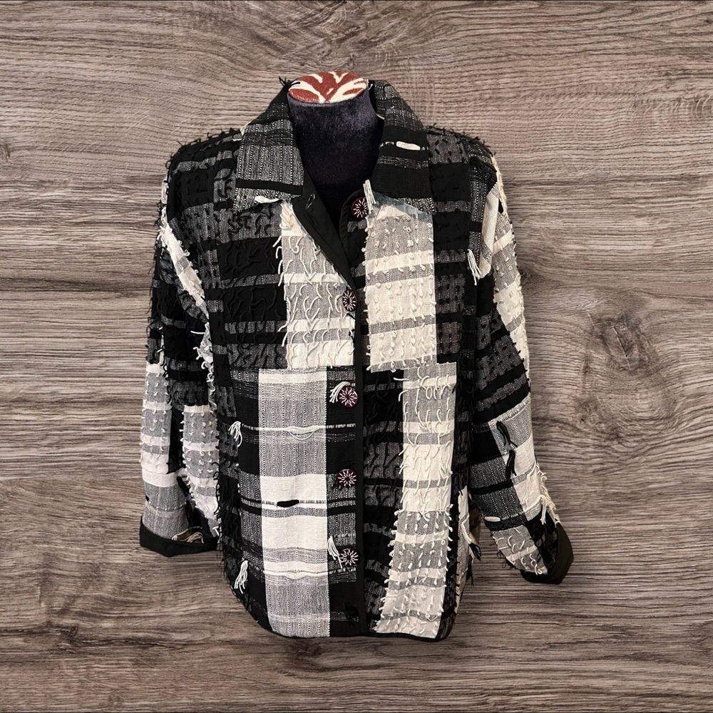 New Direction Women’s Patchwork Black White Fringed Eyelash Jacket Cardigan  XL